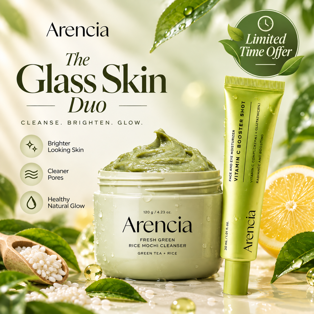 Arencia Glass Skin Duo | Rice Mochi Cleanser & Vitamin C Booster Shot | 2-Step Korean Glow Routine